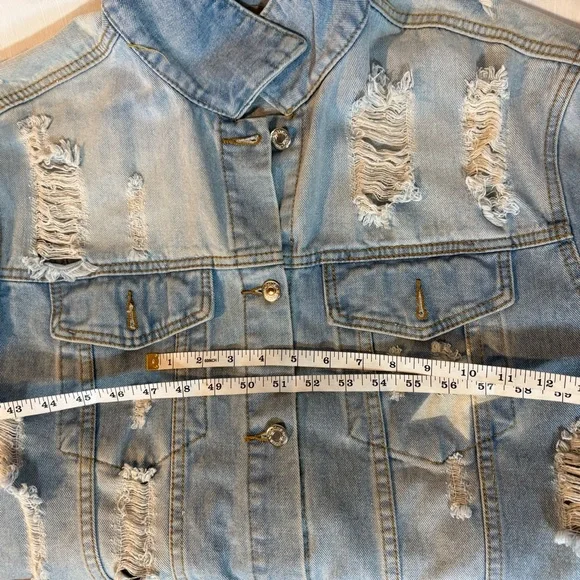 Distressed Denim Jacket Graphic Quote Stars Oversized Light Wash S - Picture 6 of 8